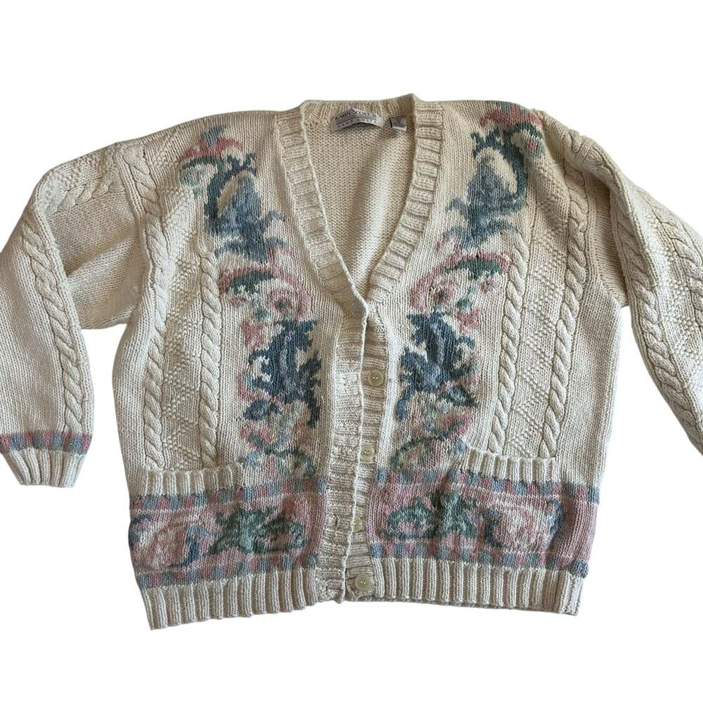 Karen Scott II Hand Knits Vintage Floral Cable Knit Button-Front Cardigan - Picture 1 of 11